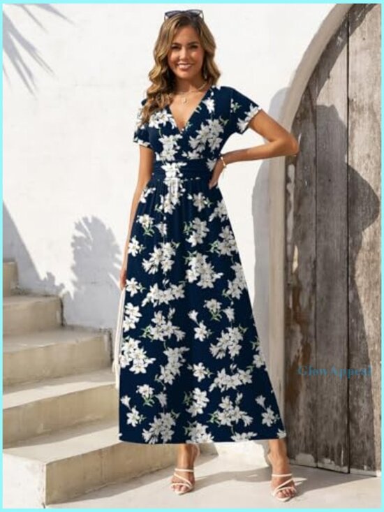 Short Sleeve Maxi Dress with V Neck Pockets Casual Summer Sundress - Picture 5 of 7